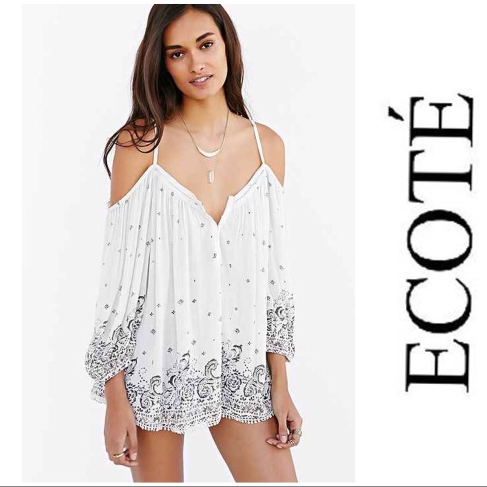 Ecote Pom Pom Trim Cold Shoulder Blouse in Cream